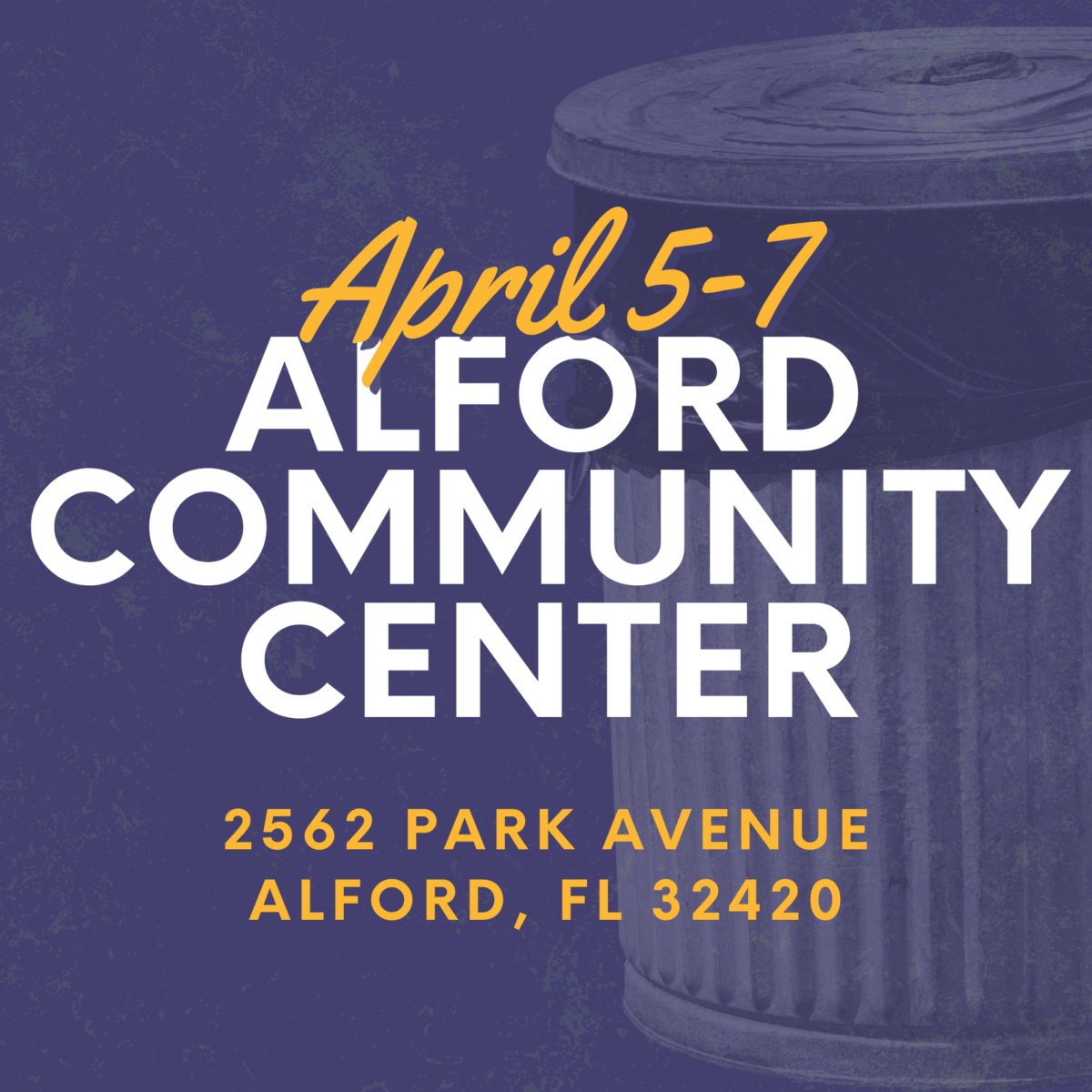 On April 5 to April 7, 2024, Alford Community Center will have a cleanup day. Located at 2562 Park Avenue, Alford, FL 32420