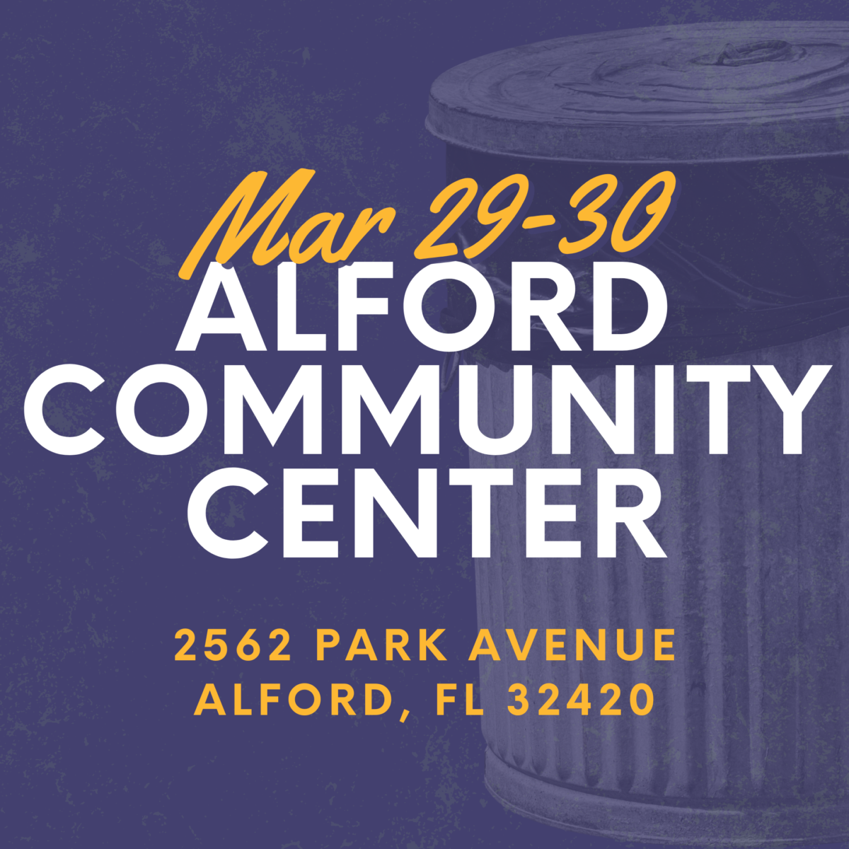 On March 29-30, Alford Community Center will have their clean up days. Address is 2562 Park Ave, Alford, FL 32420